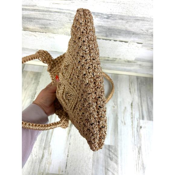 Lulus Women’s Sunny Glitter Gold Woven Crochet Linen Shoulder Tote Bag Zip NEW - Picture 8 of 8
